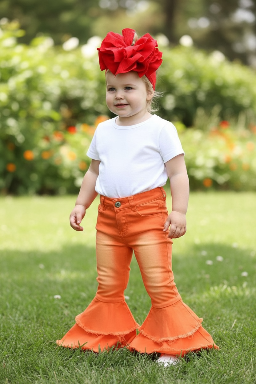 ORANGE DOUBLE LAYER DENIM BELL PANTS.