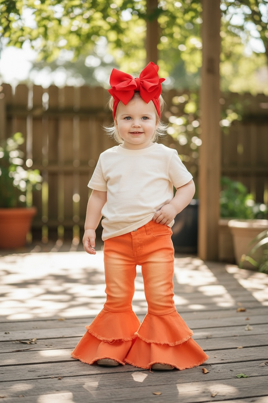 ORANGE DOUBLE LAYER DENIM BELL PANTS.
