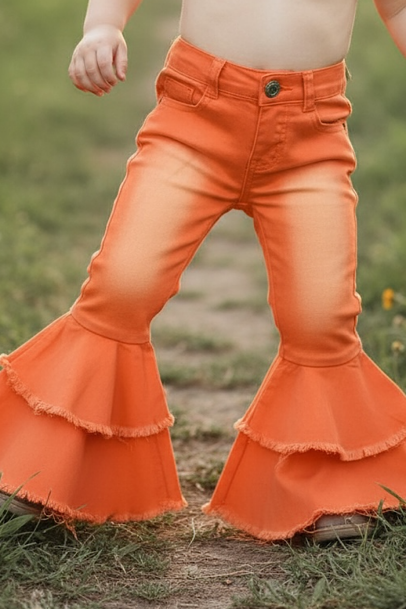 ORANGE DOUBLE LAYER DENIM BELL PANTS.