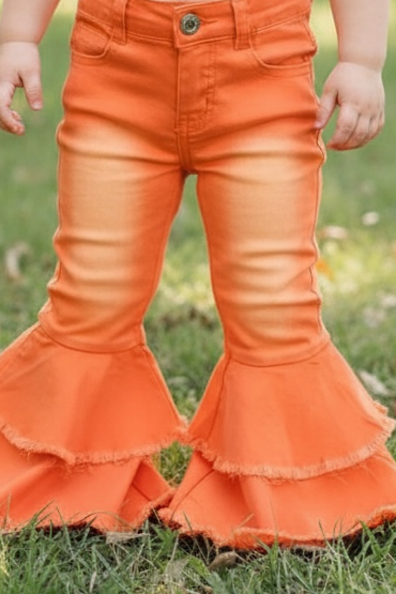 ORANGE DOUBLE LAYER DENIM BELL PANTS.