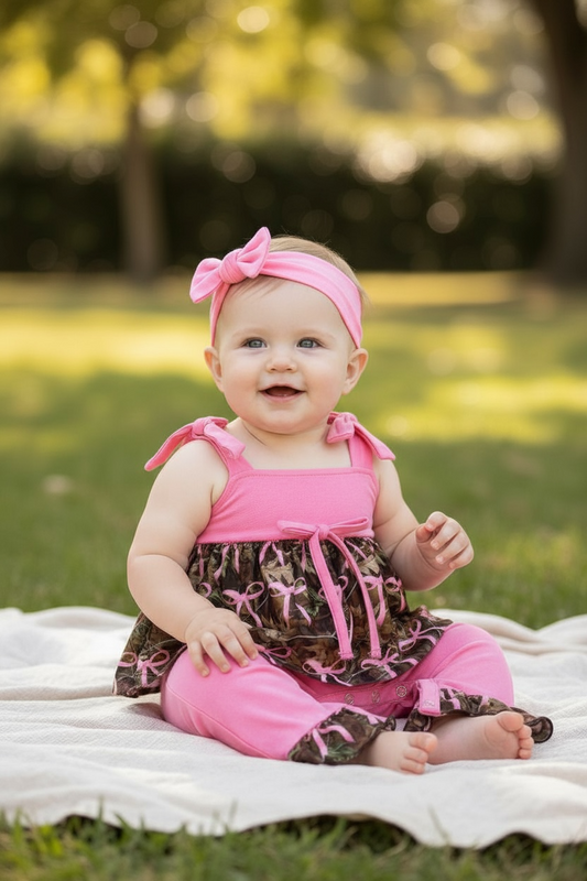 Pink and Camouflage fold over baby romper with snaps.