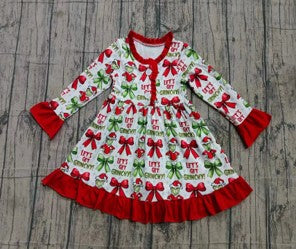 Red bow & Christmas character printed dress with ruffle hem. GLD0423-7-S-