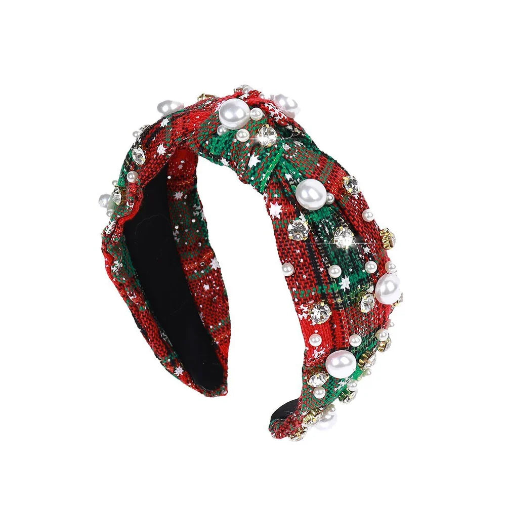 Christmas plaid pearls & stone headbands available in 3 prints.