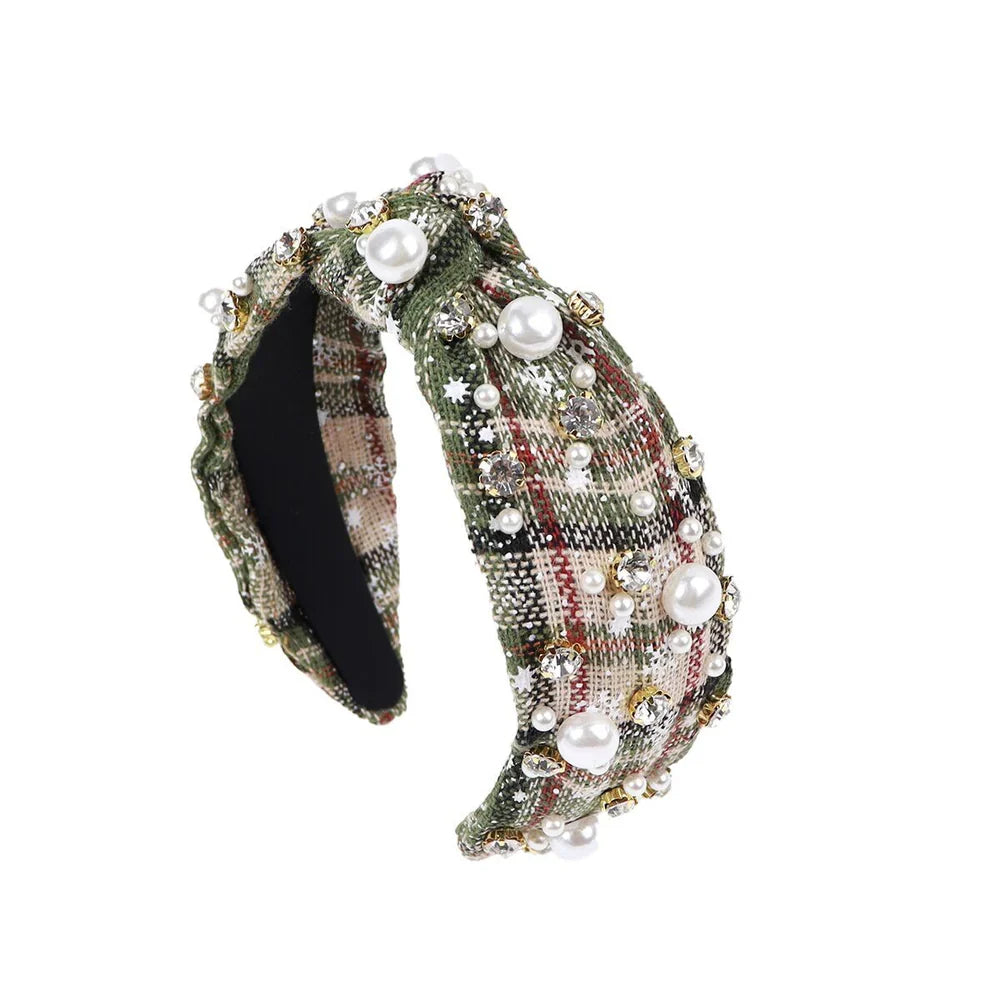 Christmas plaid pearls & stone headbands available in 3 prints.