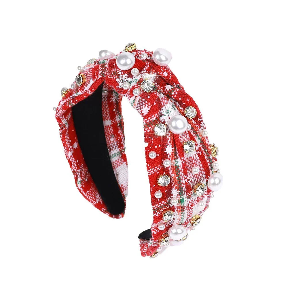 Christmas plaid pearls & stone headbands available in 3 prints.