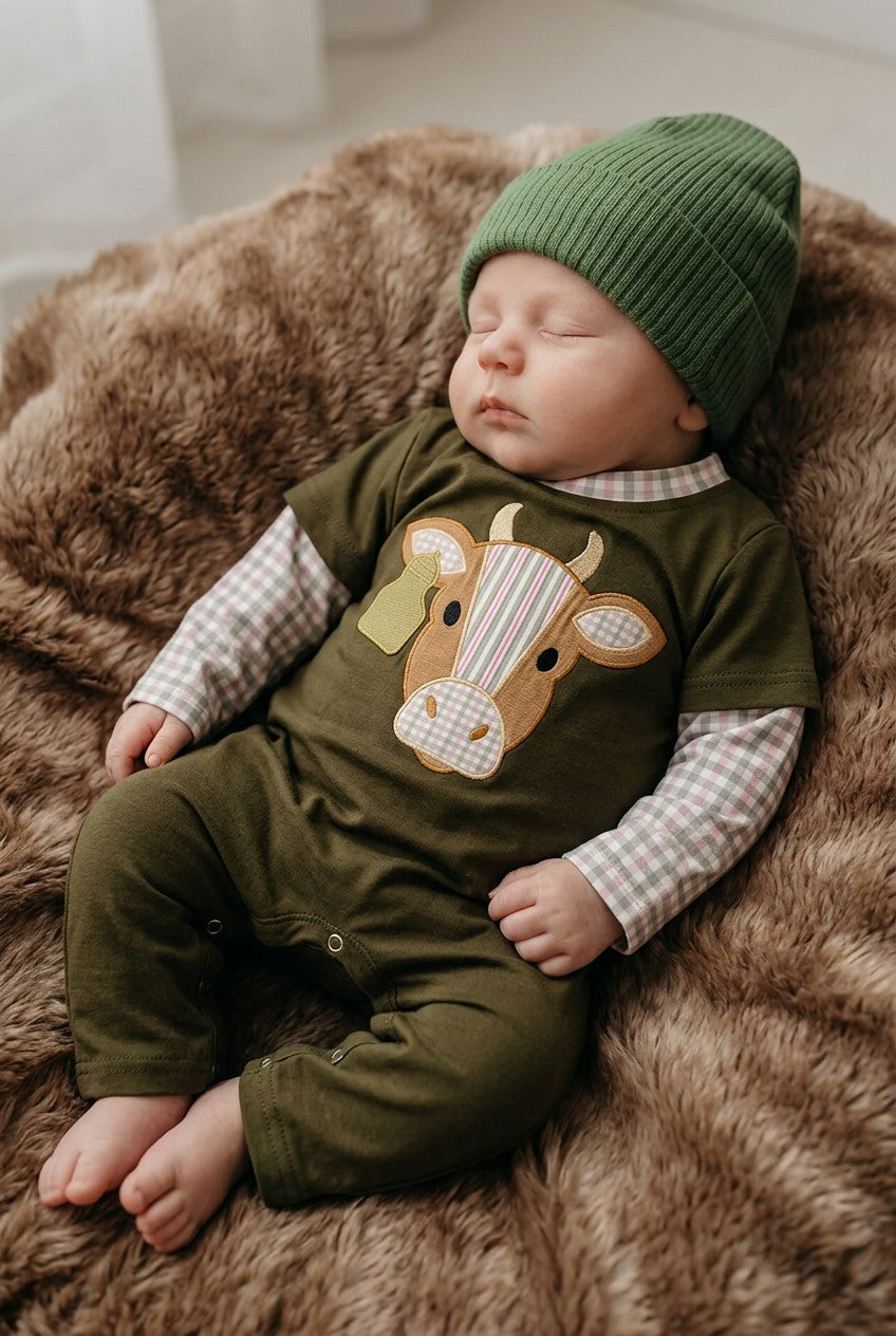 Bull applique on green baby romper. RPB60389 MON