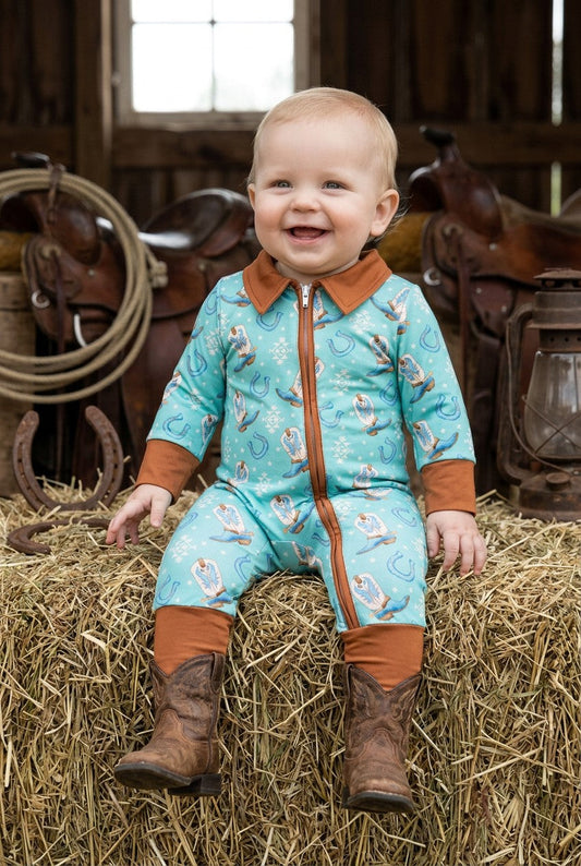 Aqua western printed baby bodysuit w/ hand & foodie fold over. RPB60455 SOL