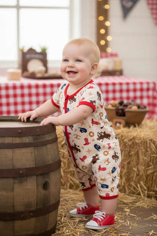 Western printed boys baby romper w/ red trim. RPB60574 -A-