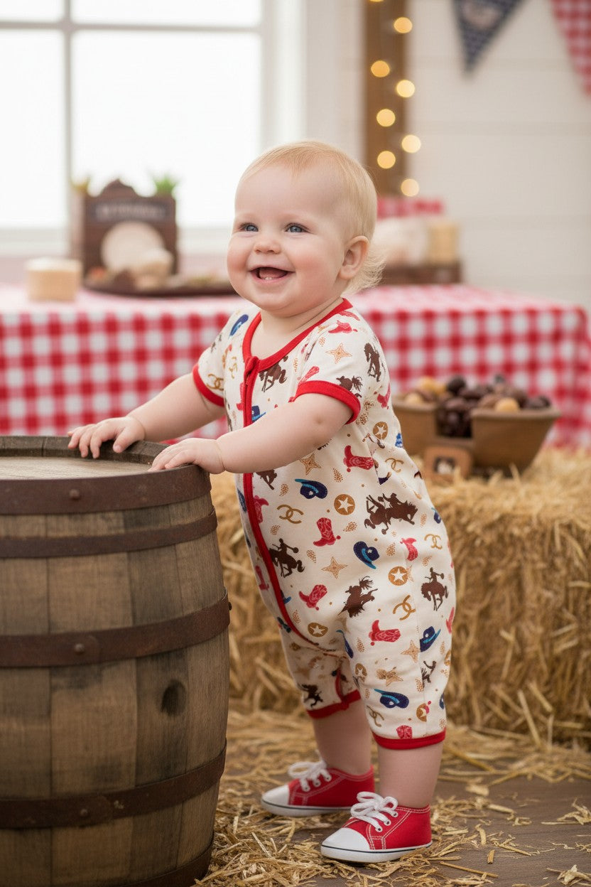 Western printed boys baby romper w/ red trim. RPB60574 -A-