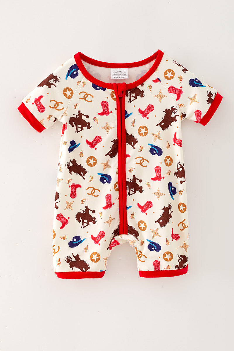 Western printed boys baby romper w/ red trim. RPB60574 -A-