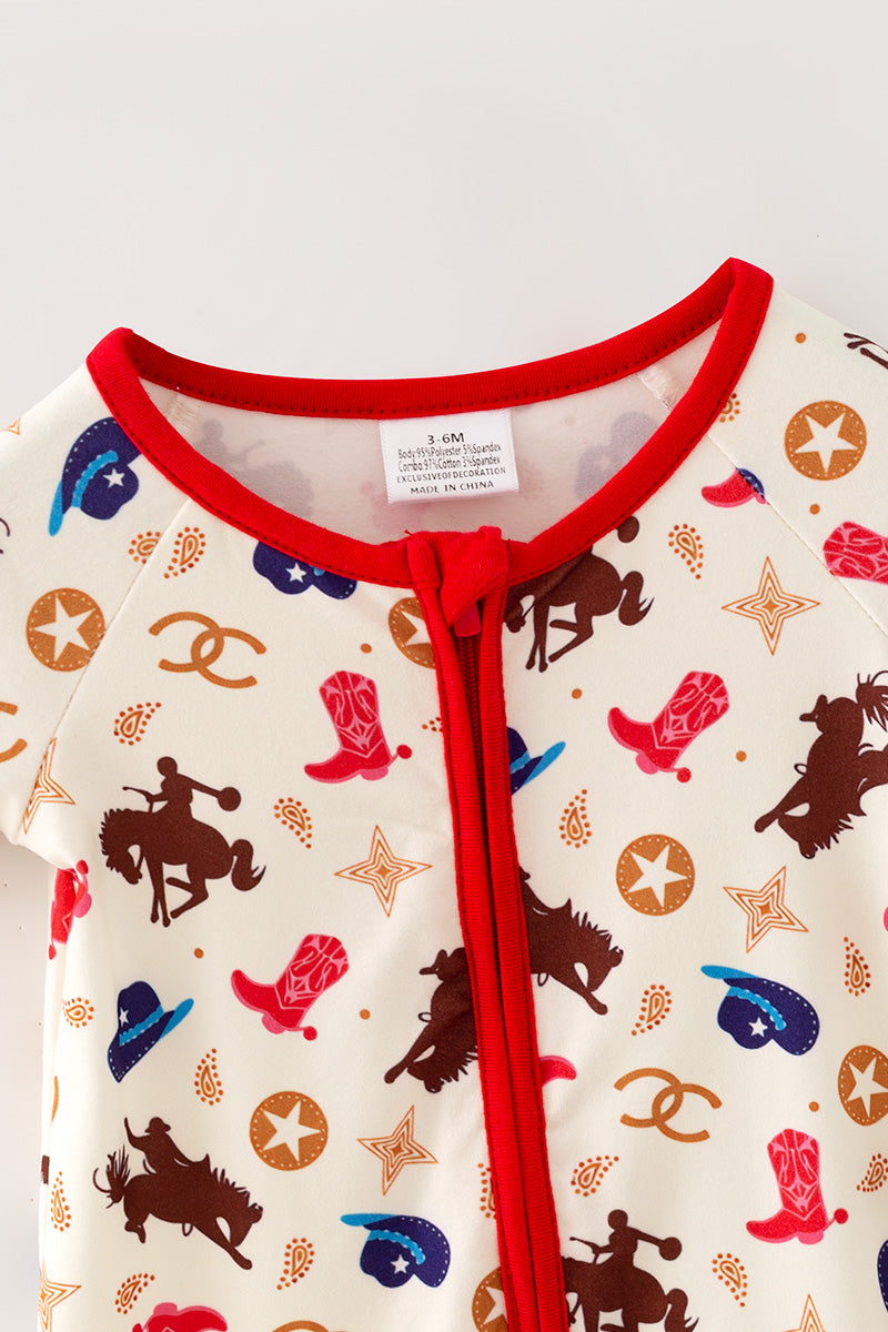 Western printed boys baby romper w/ red trim. RPB60574 -A-