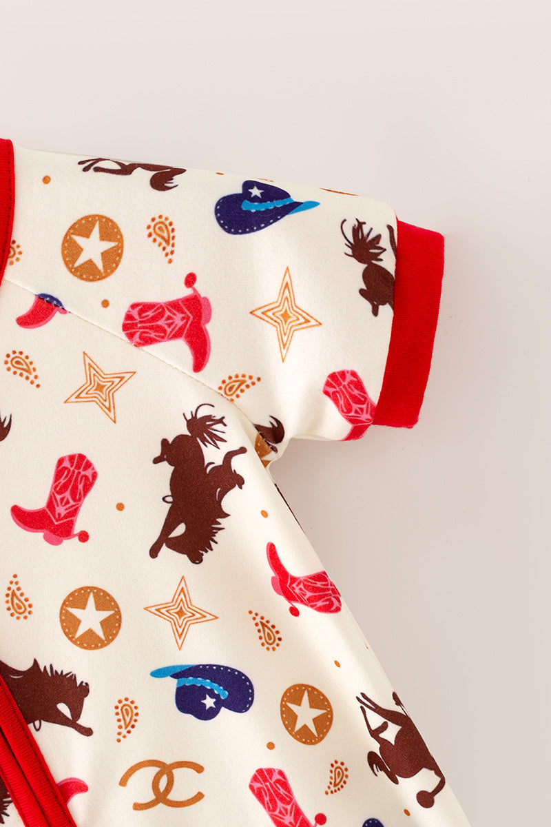 Western printed boys baby romper w/ red trim. RPB60574 -A-