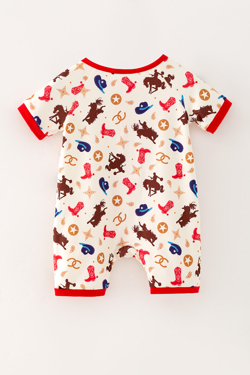 Western printed boys baby romper w/ red trim. RPB60574 -A-