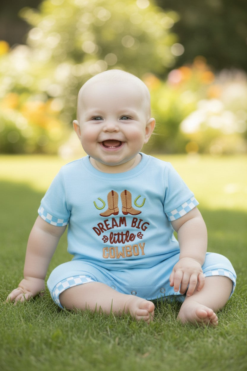"Dream Big Little Cowboy" Lt. Blue baby romper. RPB60575 -S-
