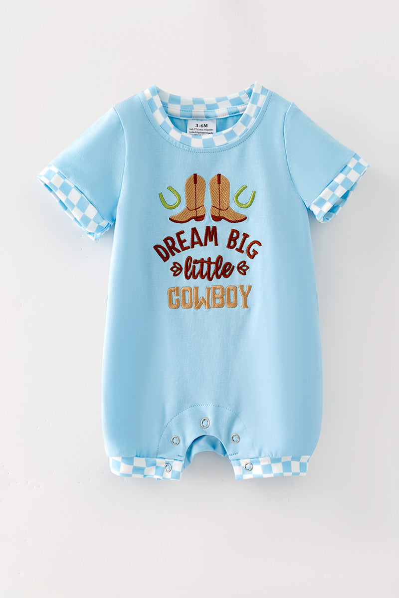 "Dream Big Little Cowboy" Lt. Blue baby romper. RPB60575 -S-