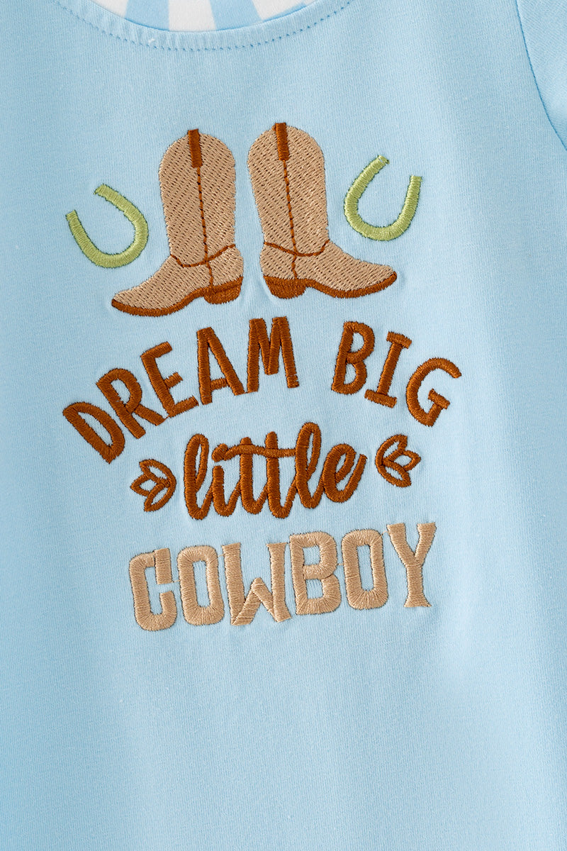 "Dream Big Little Cowboy" Lt. Blue baby romper. RPB60575 -S-