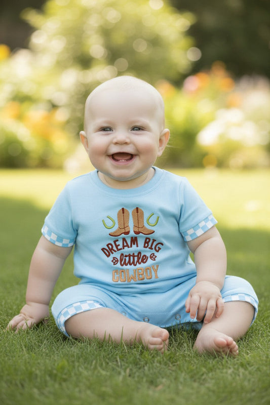 "Dream Big Little Cowboy" Lt. Blue baby romper. RPB60575 -S-