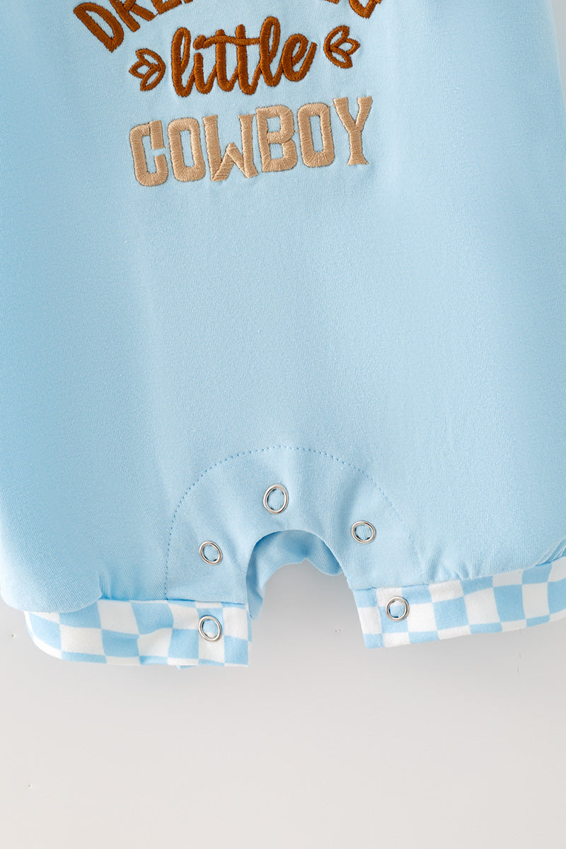 "Dream Big Little Cowboy" Lt. Blue baby romper. RPB60575 -S-