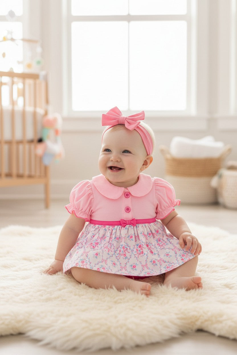Lt Pink & fuchsia coquette printed baby bodysuit. RPG60590 A-