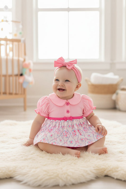 Lt Pink & fuchsia coquette printed baby bodysuit. RPG60590 A-
