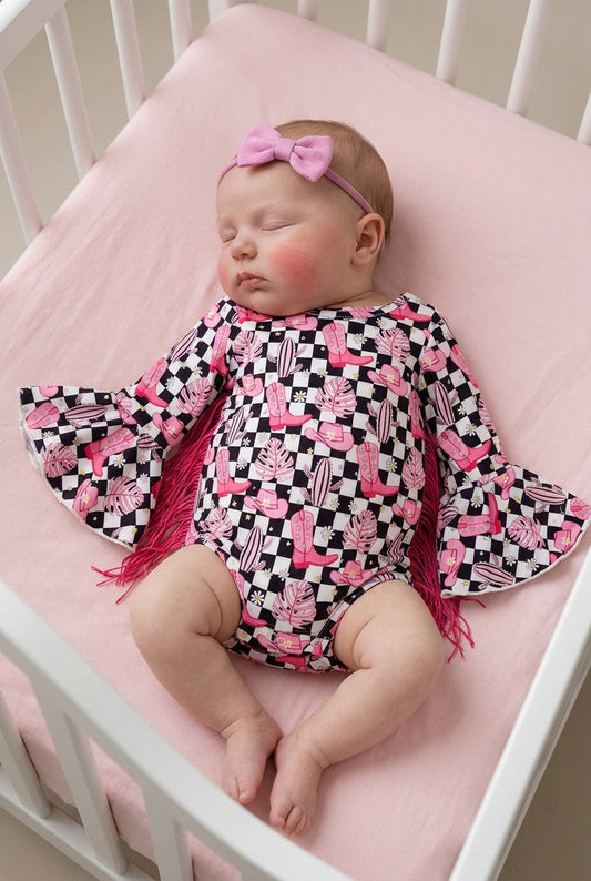 Checkered -western printed baby bodysuit w/bell sleeves. RPG61267-A