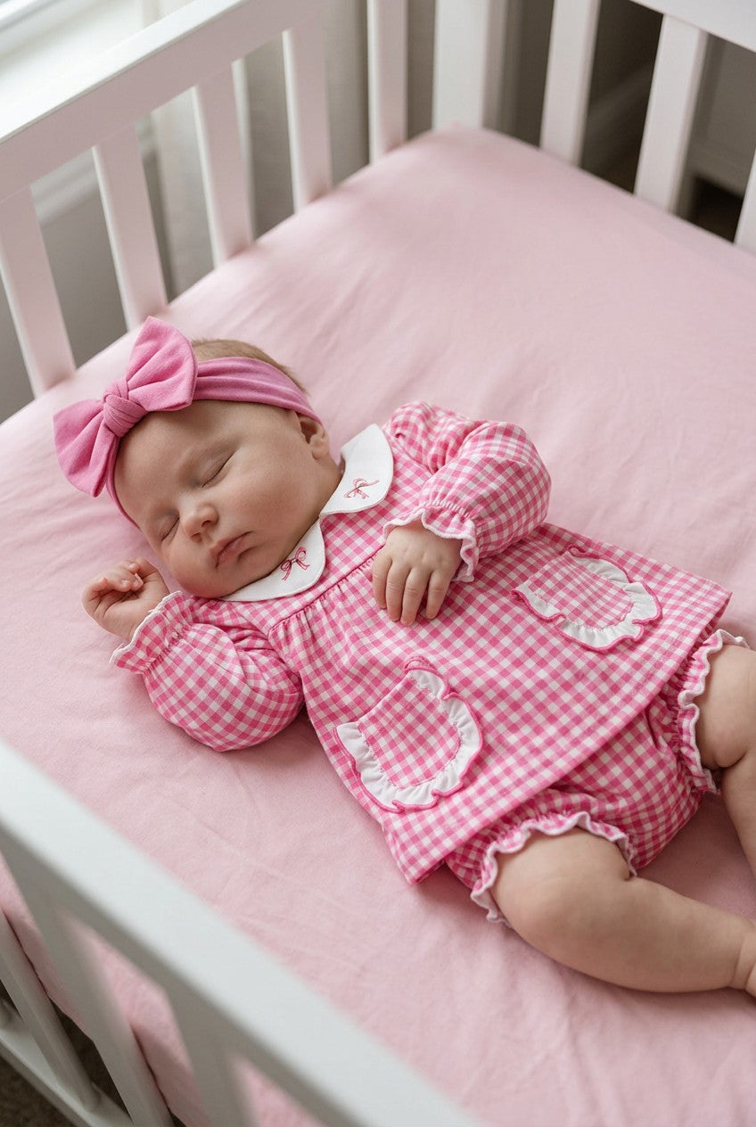 Fuchsia Gingham baby tunic and baby bloomers. RPG61275 SOL