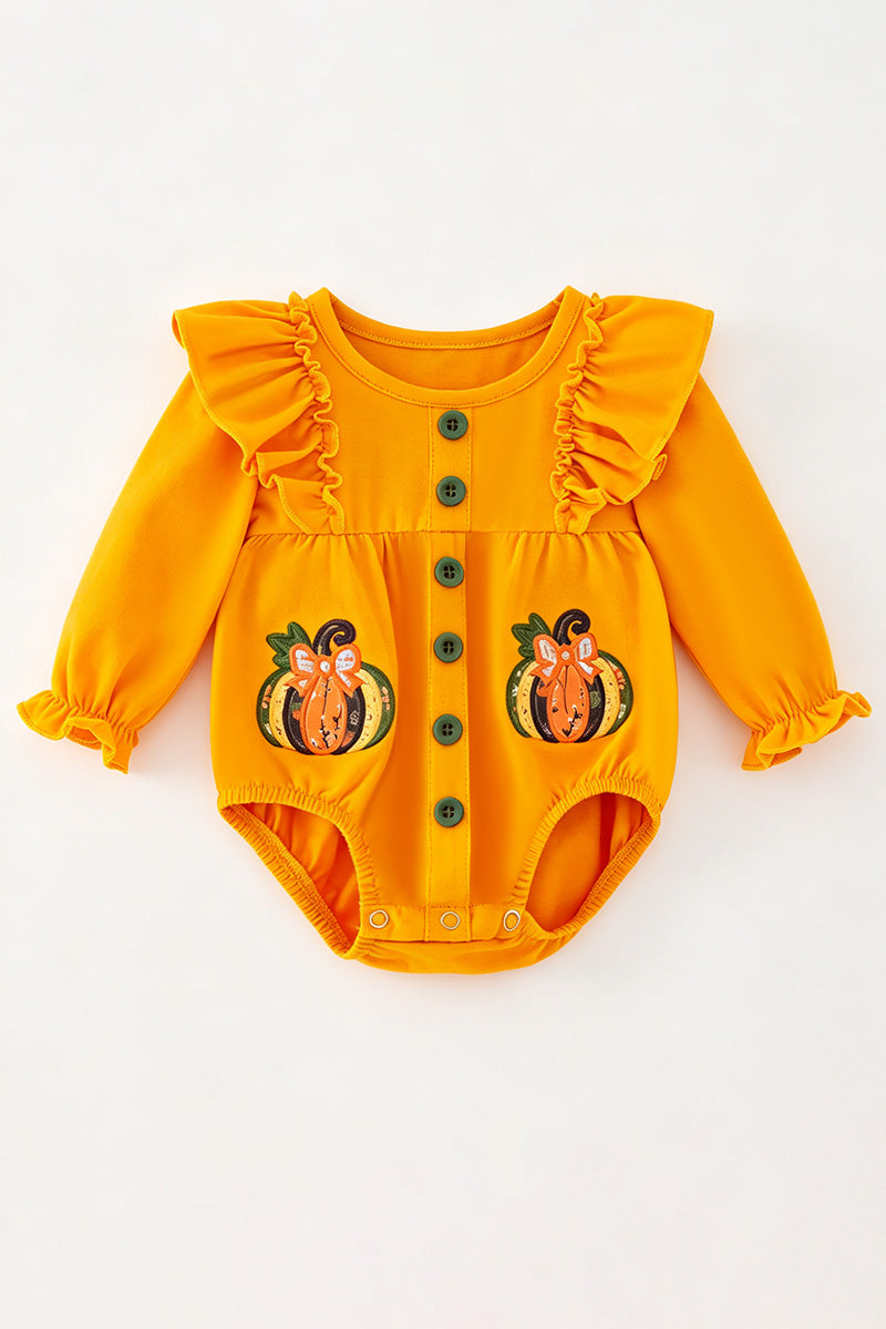 Pumpkin applique baby bodysuit with snaps. RPG61911 AMY