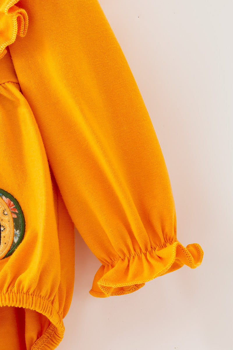 Pumpkin applique baby bodysuit with snaps. RPG61911 AMY