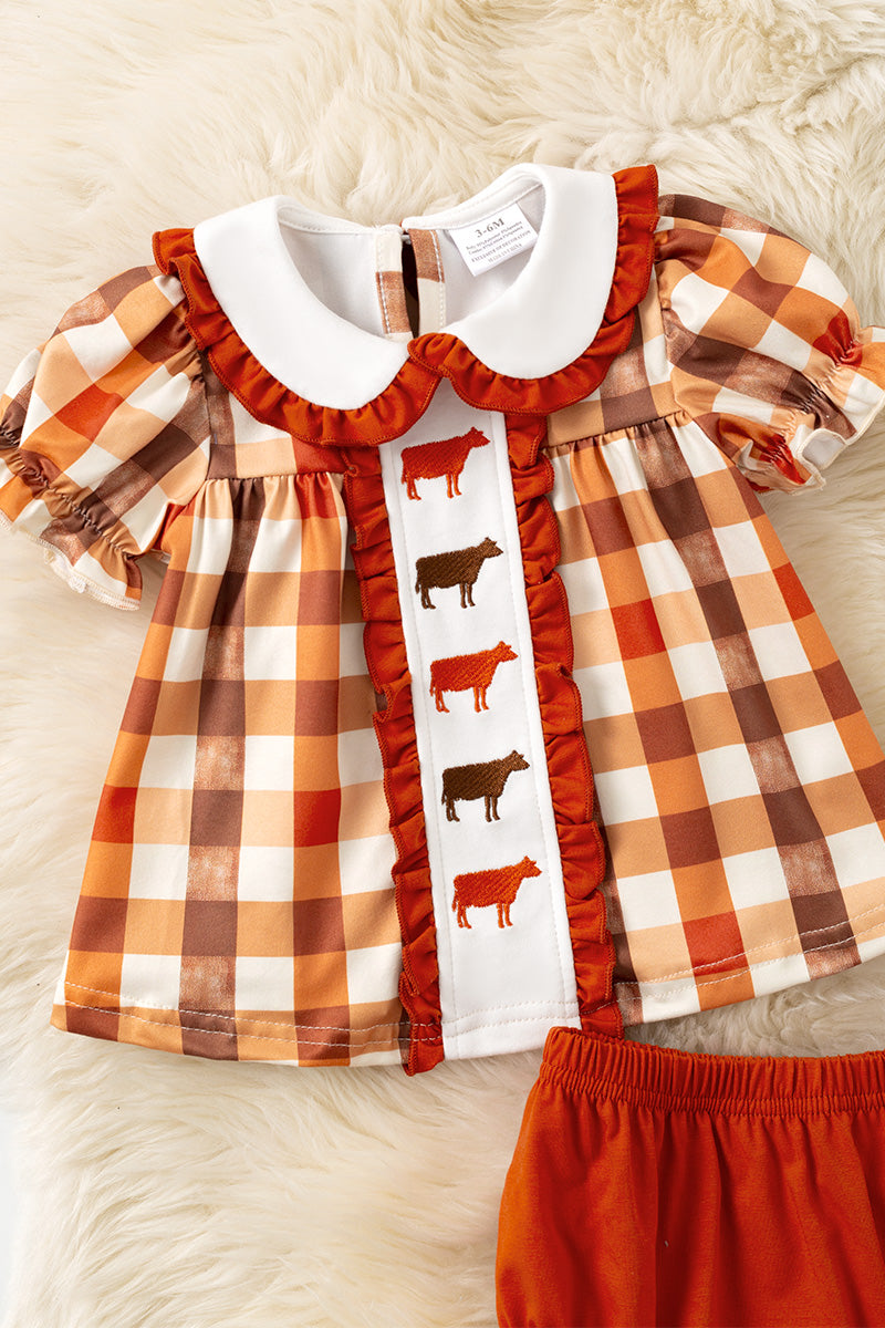 Brown plaid with cow embroidery tunic and baby bloomers. RPG61979 AMY