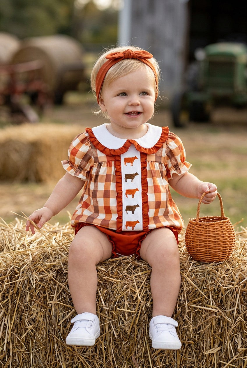Brown plaid with cow embroidery tunic and baby bloomers. RPG61979 AMY