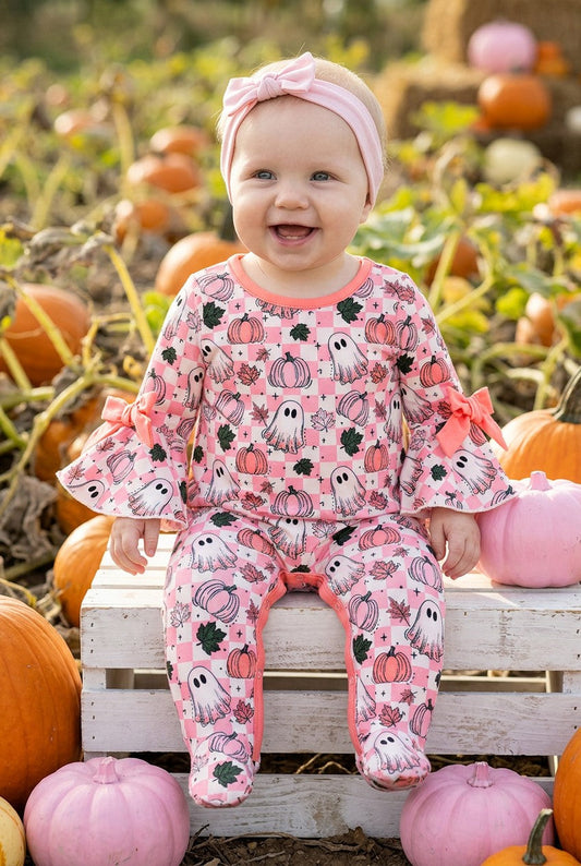 Pink Checkered & ghost printed baby bodysuit. RPG62219 -S-