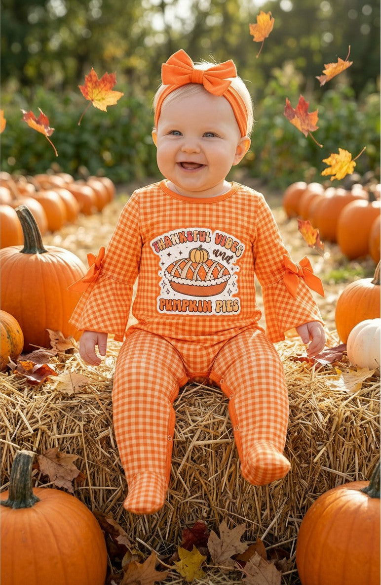 Orange gingham pie printed baby bodysuit. RPG62330 A-