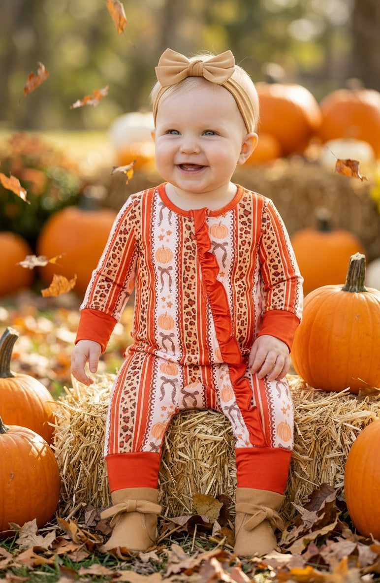 Pumpkin & cheetah printed girls baby romper with ruffle butt. RPG62331 -S-
