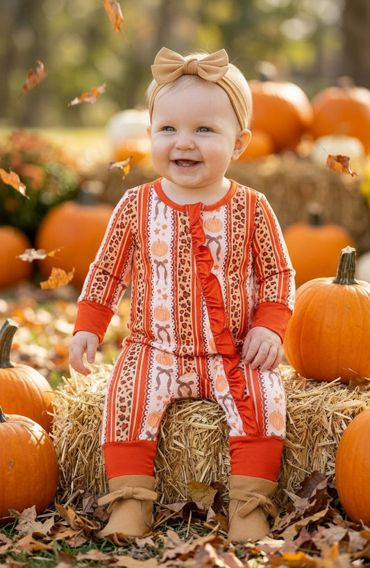 Pumpkin & cheetah printed girls baby romper with ruffle butt. RPG62331 -S-