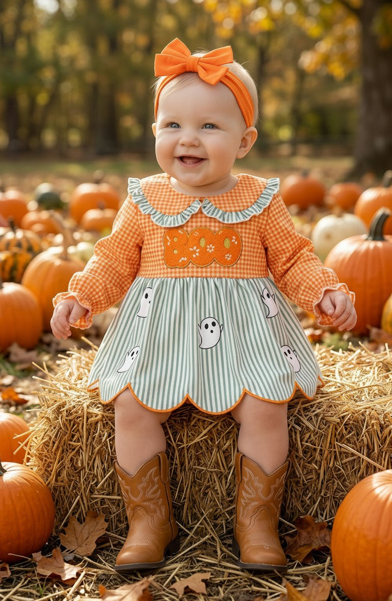 Orange gingham & stripe printed baby dress w/attached bloomers. RPG62348 -M-