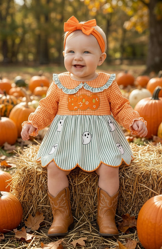 Orange gingham & stripe printed baby dress w/attached bloomers. RPG62348 -M-