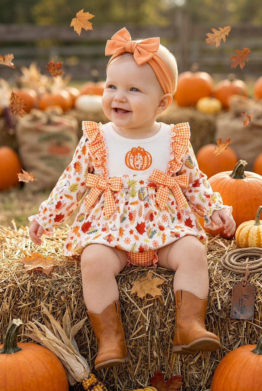 Fall multi printed girls baby tunic and baby bloomers w/ front bows. RPG62350 -M-