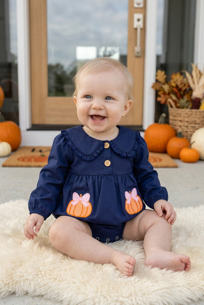 Navy blue romper w/ pumpkin applique RPG62741 -A-