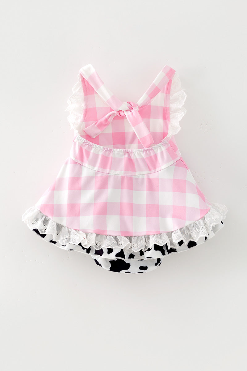 Ping gingham dress with black & white cow printed hem. RPG64271 -M-