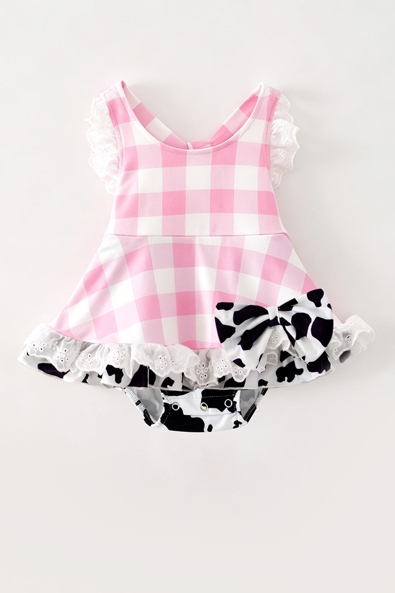 Ping gingham dress with black & white cow printed hem. RPG64271 -M-
