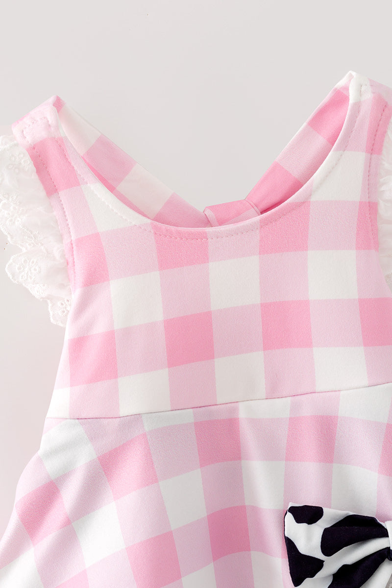 Ping gingham dress with black & white cow printed hem. RPG64271 -M-