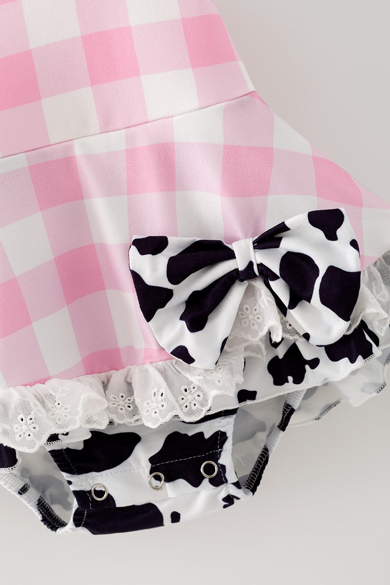 Ping gingham dress with black & white cow printed hem. RPG64271 -M-