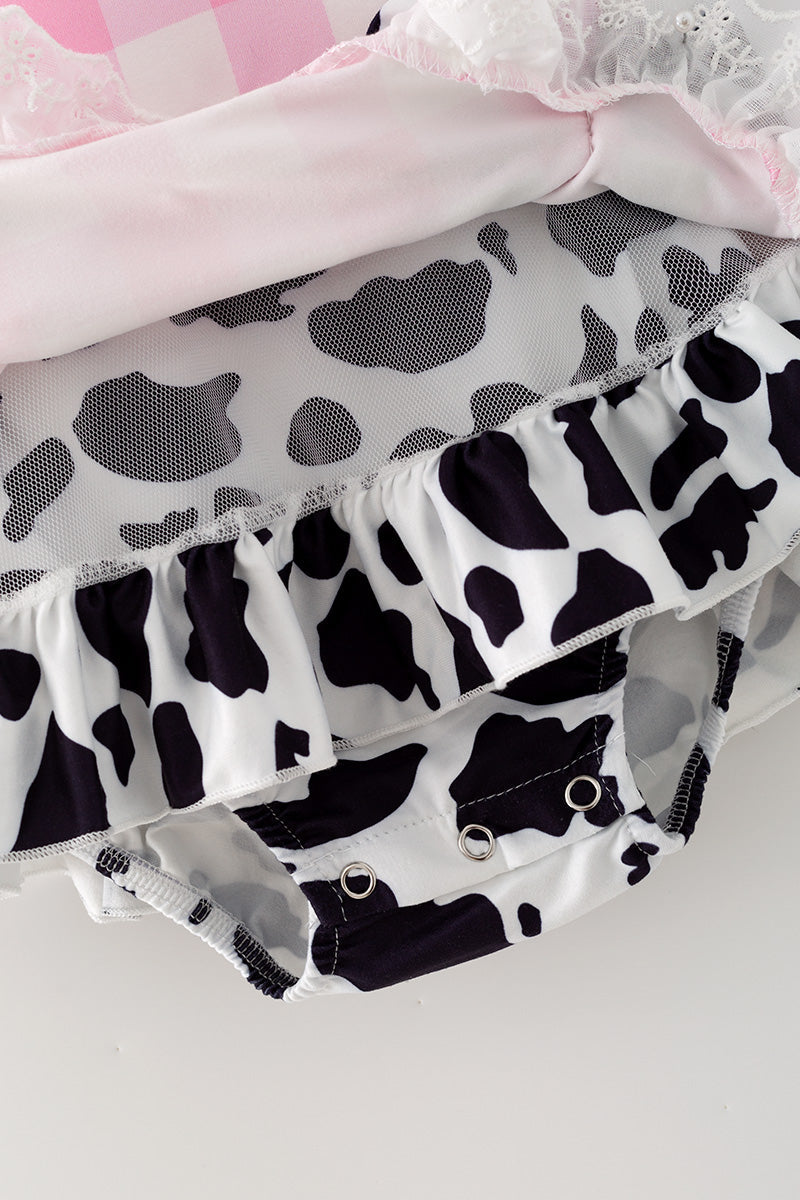Ping gingham dress with black & white cow printed hem. RPG64271 -M-