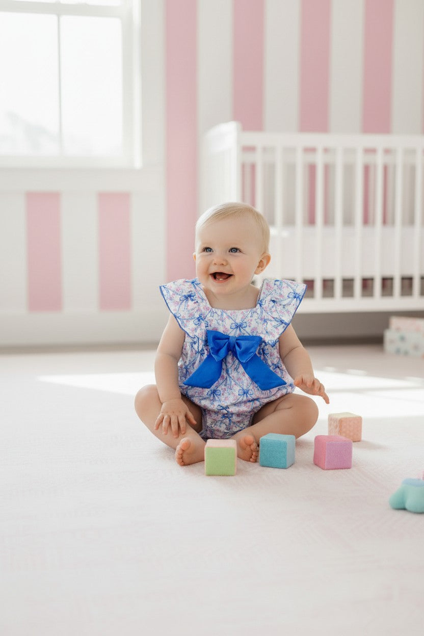 Blue bow & pink floral printed baby romper. RPG64272 -S-