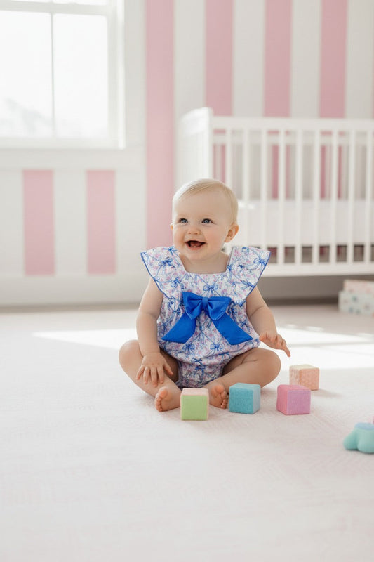 Blue bow & pink floral printed baby romper. RPG64272 -S-