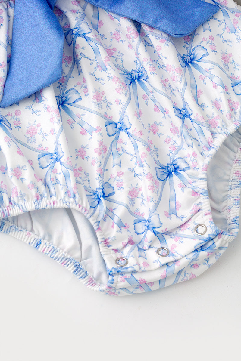 Blue bow & pink floral printed baby romper. RPG64272 -S-