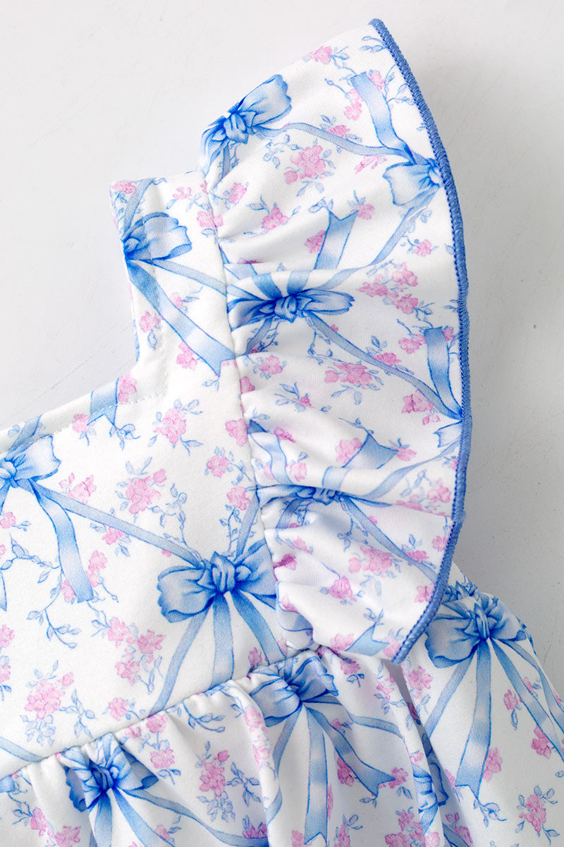 Blue bow & pink floral printed baby romper. RPG64272 -S-