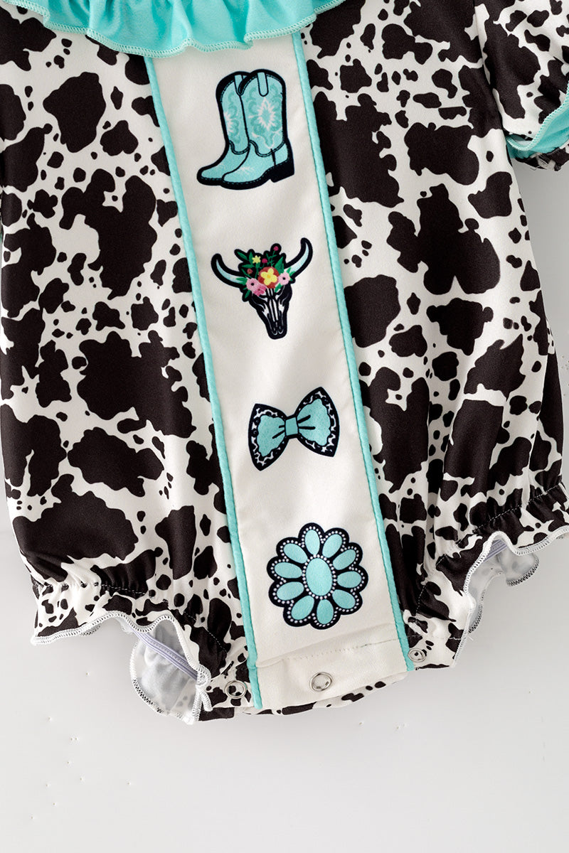 Cow printed baby romper with aqua ruffle hem. RPG64274 -M-