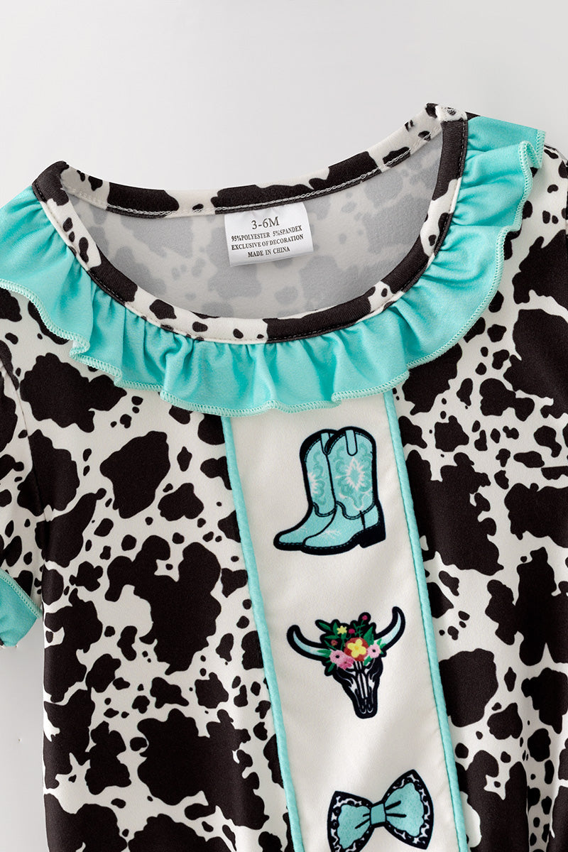 Cow printed baby romper with aqua ruffle hem. RPG64274 -M-