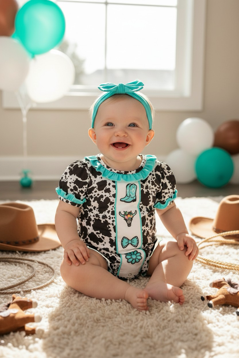 Cow printed baby romper with aqua ruffle hem. RPG64274 -M-